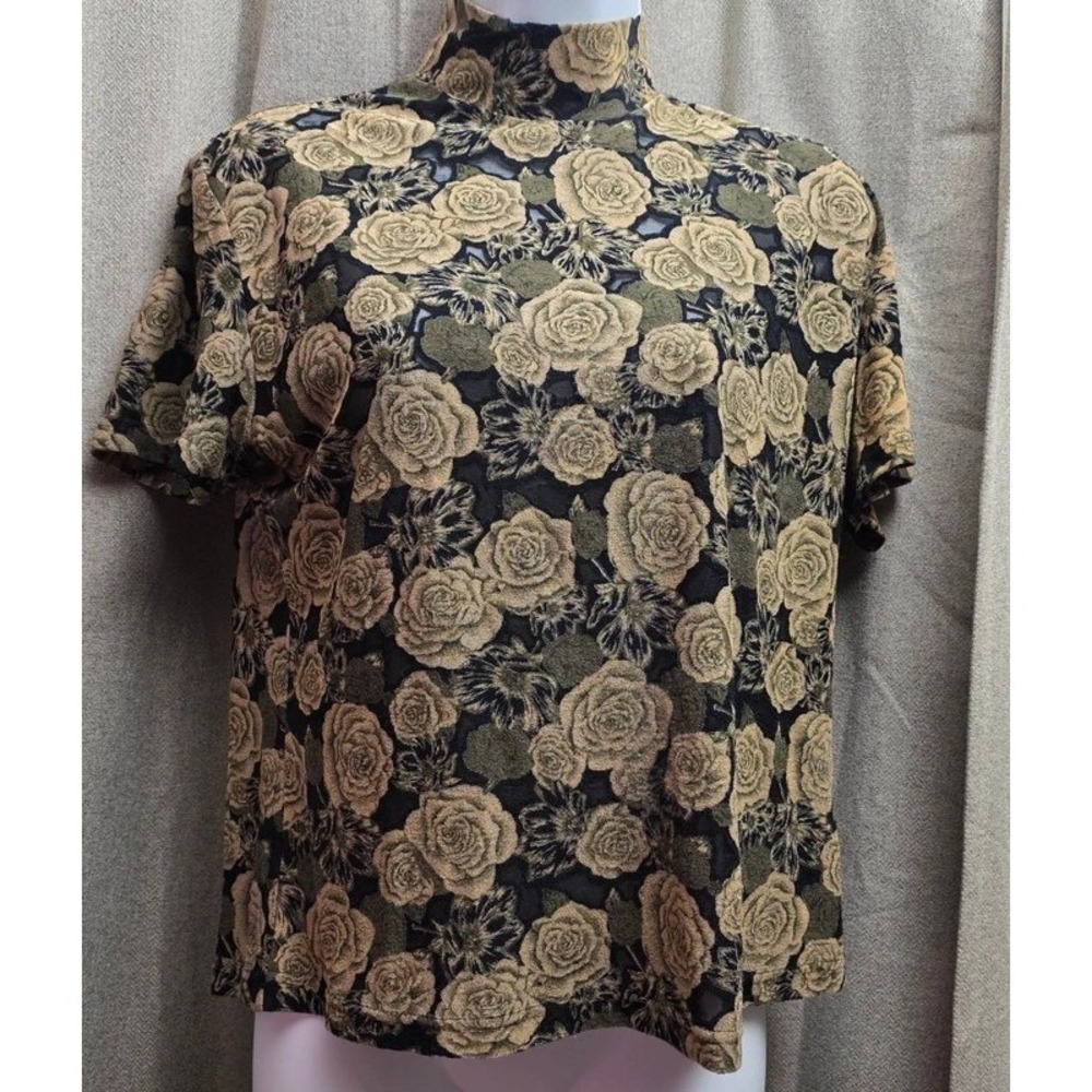 Dressbarn XL Floral Burnout Mock Neck Top Gold Olive Black Short Sleeve Zipper